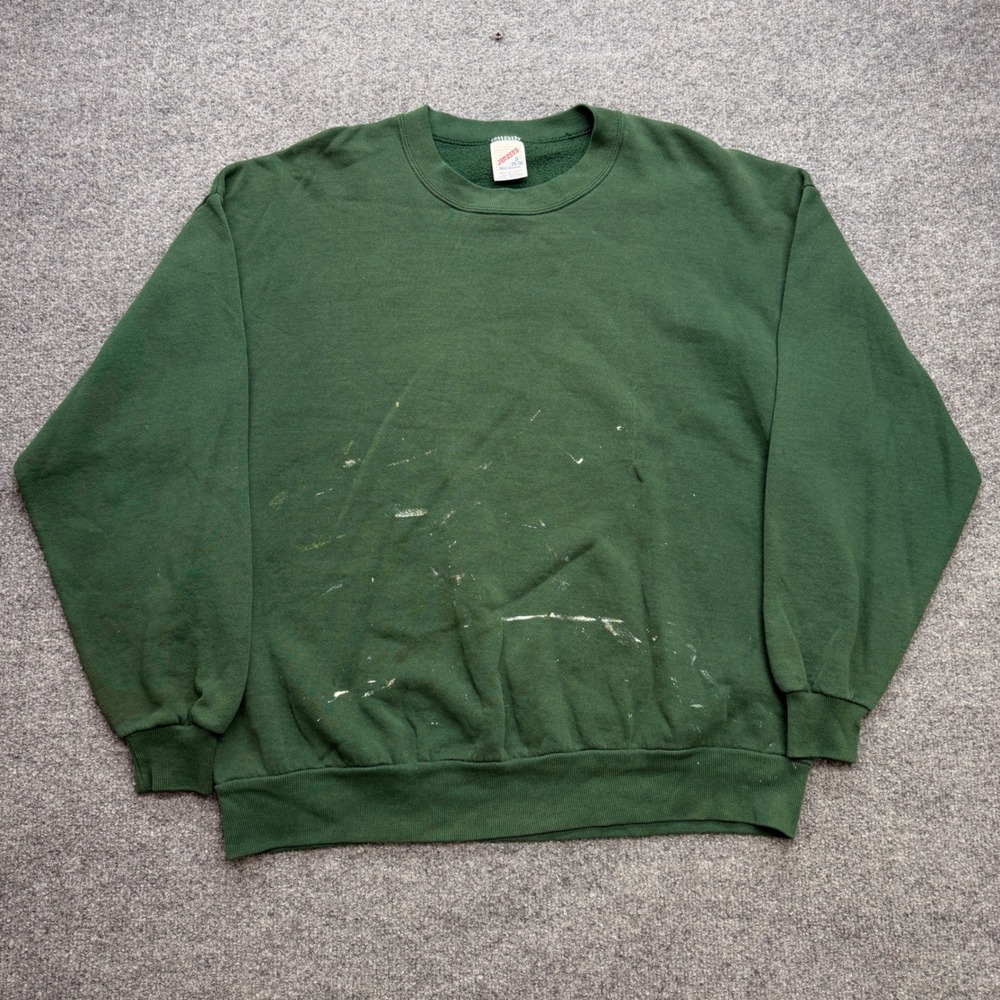 Vintage Jerzees Sweatshirt Mens 2XL Green Blank Crewneck Paint Splatter USA Made